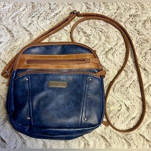 Multi-Sac Crossbody Handbag Purse with 8+ Pockets in Indigo Blue and Brown